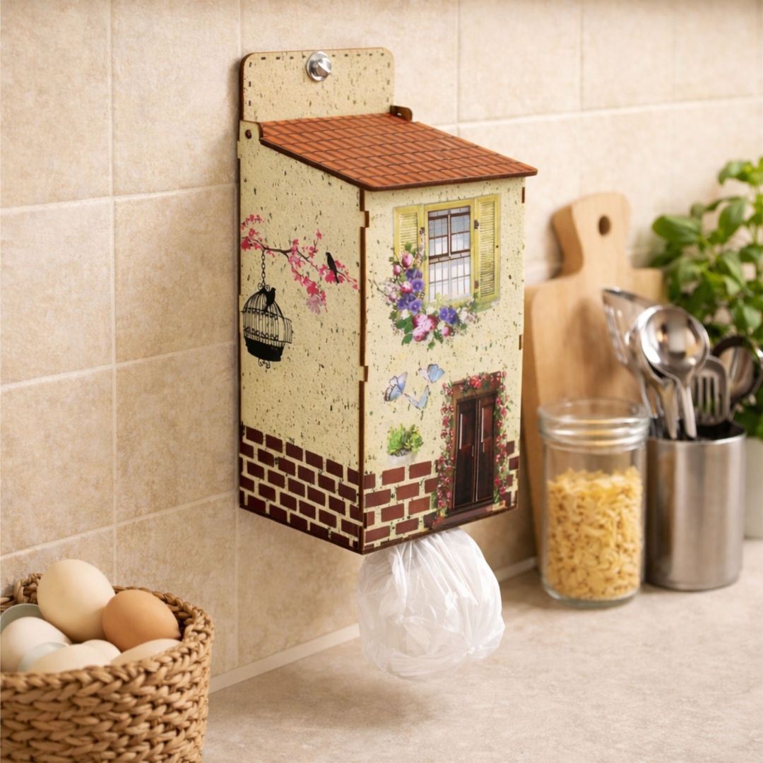 Puxa saco de parede casinha em MDF — organizador de sacolas plásticas para cozinha
